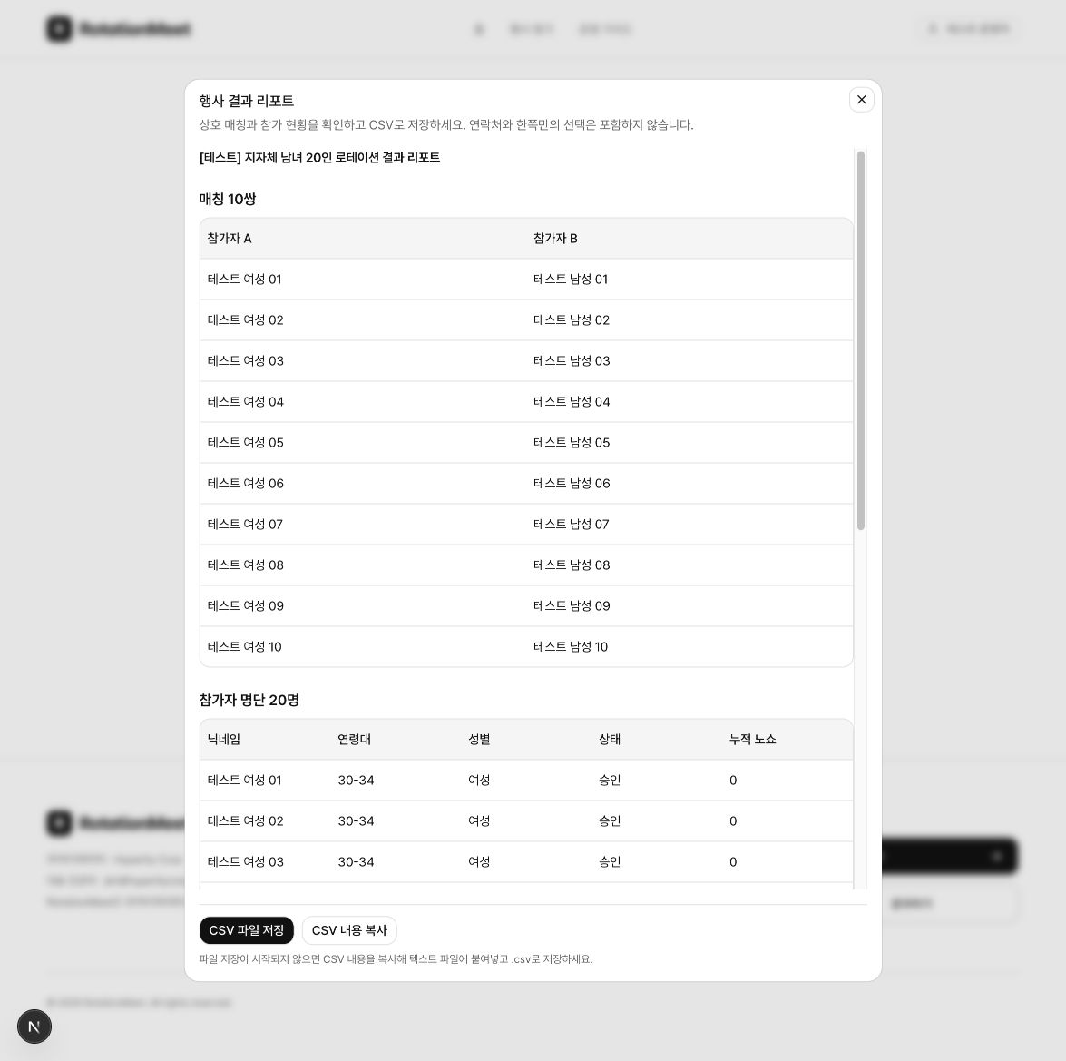 실제 20인 테스트 행사의 결과 리포트 표와 저장·복사 버튼